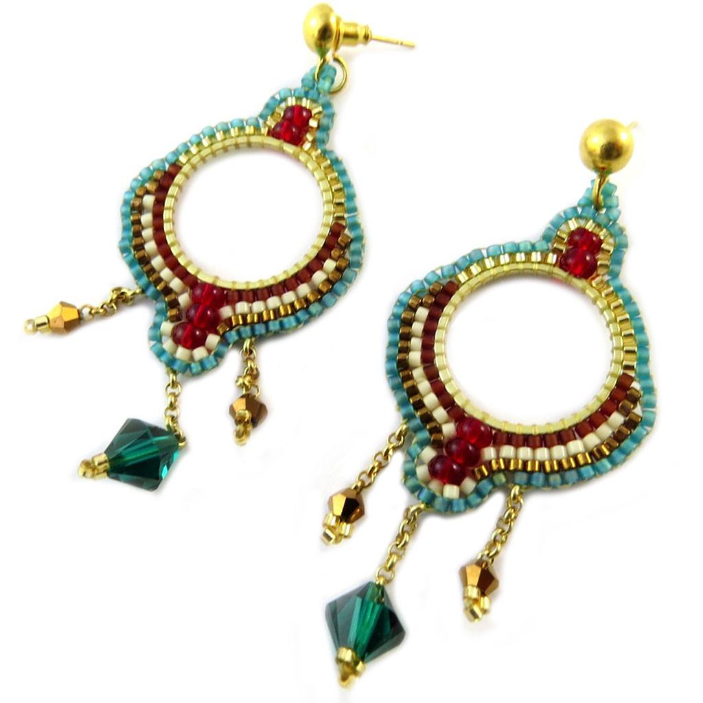 Boucles d\'oreilles artisanales \'Azuni\' turquoise rouge doré (fait main) - [P1905]