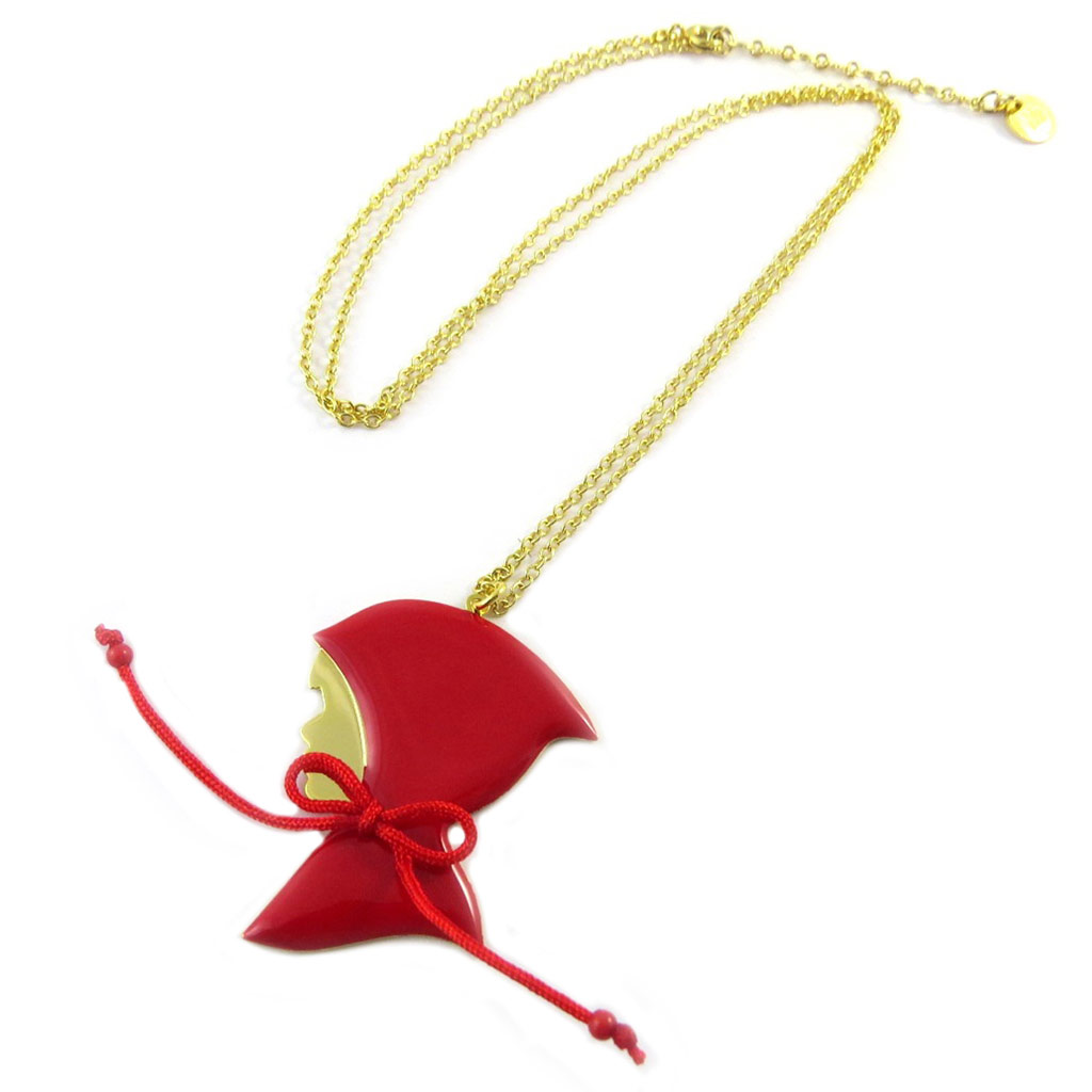 Collier / sautoir artisanal \'Monde Merveilleux\' (Chaperon Rouge) rouge doré - [P2025]
