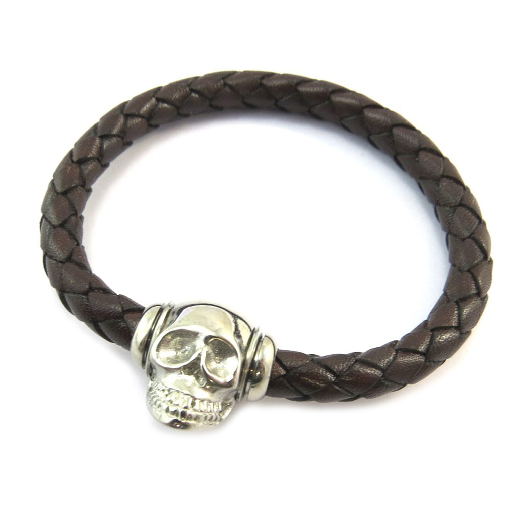 Bracelet cuir acier \'Tête de Mort\' marron argenté - [P2574]