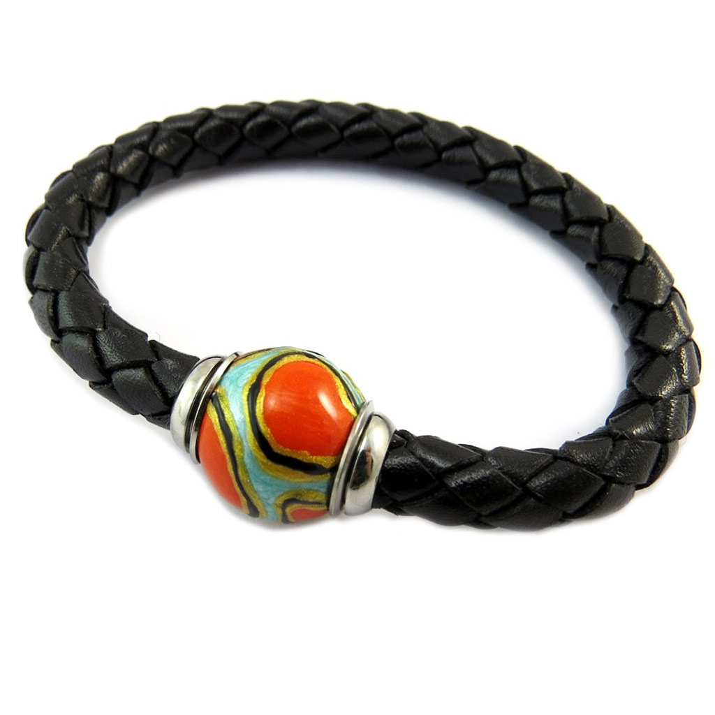 Bracelet cuir acier \'Giorgio\' orange noir argenté - [P2575]