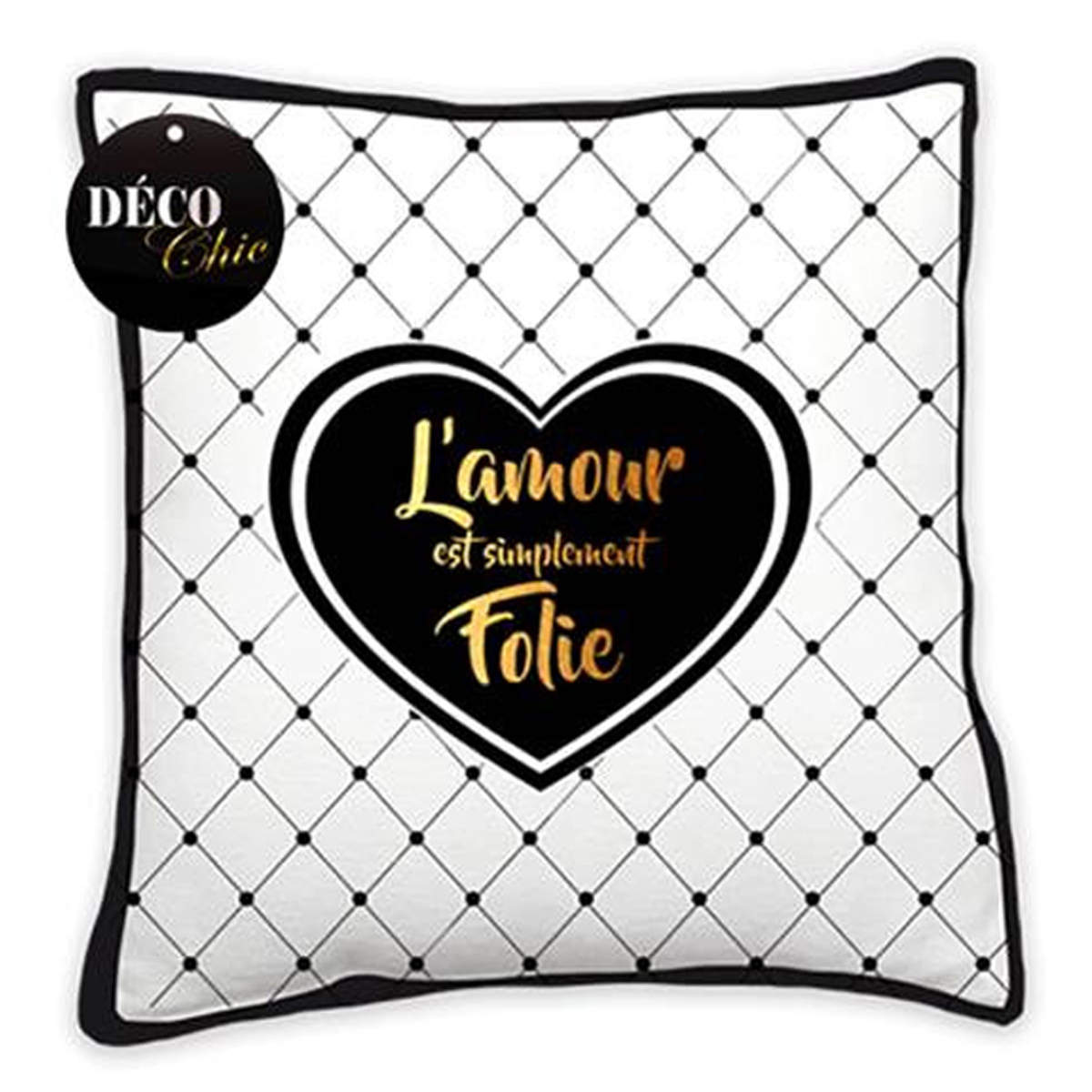 Coussin créateur \'Messages\' blanc noir doré (L\'Amour est simplement Folie) - 30 cm - [P2966]