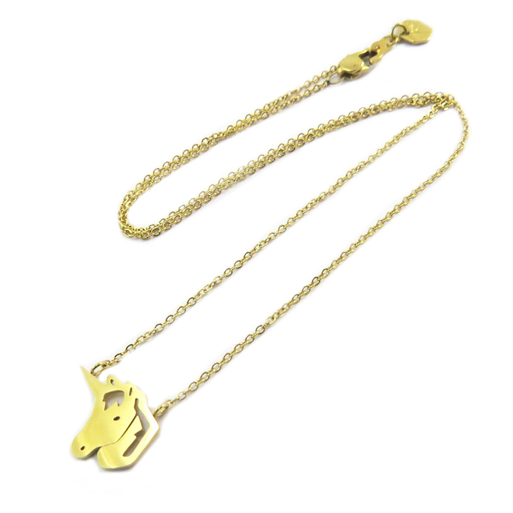 Collier artisanal acier \'Licorne\' doré - 15x12 mm - [P3871]