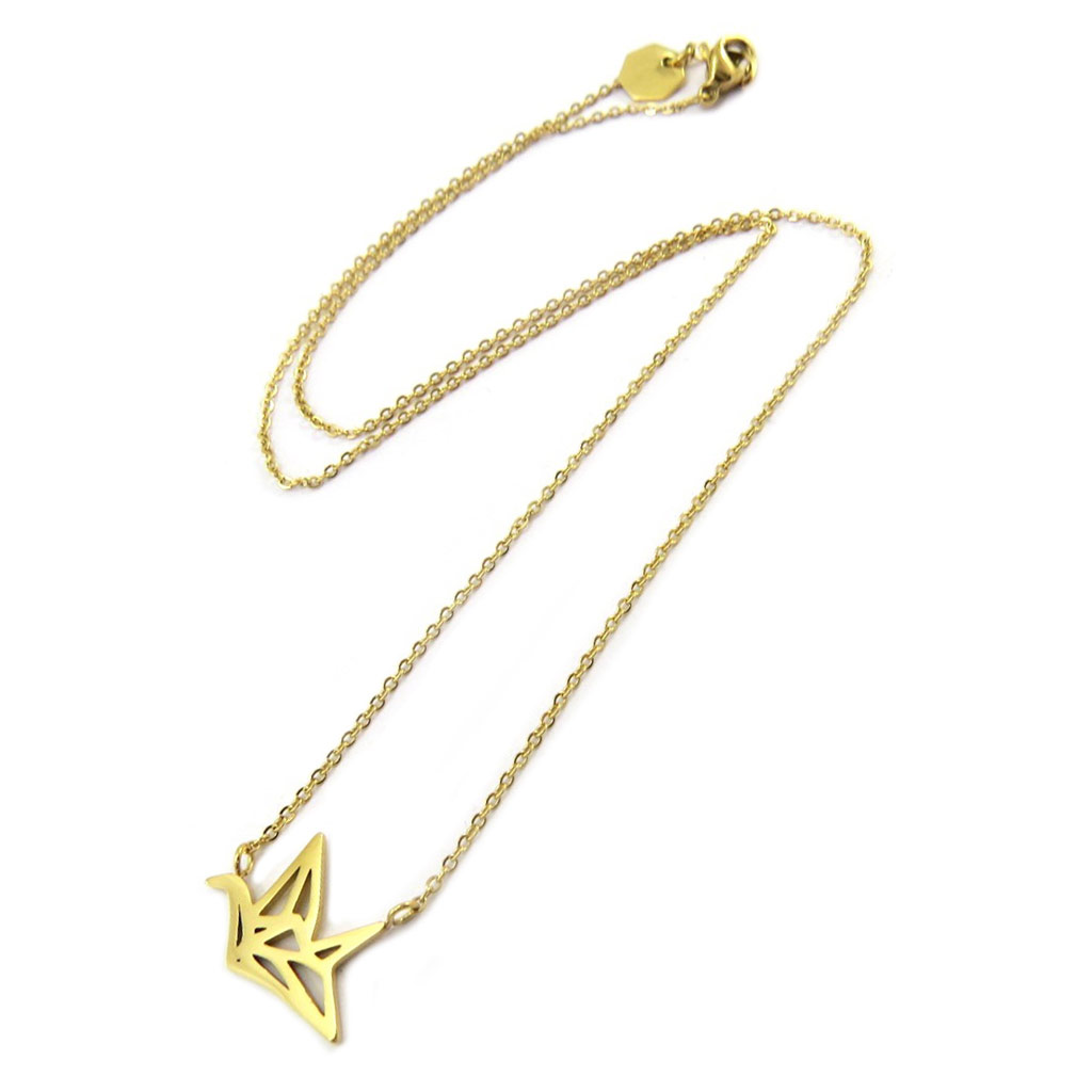 Collier artisanal acier \'Origami\' (oiseau) doré - 15x14 mm - [P3875]