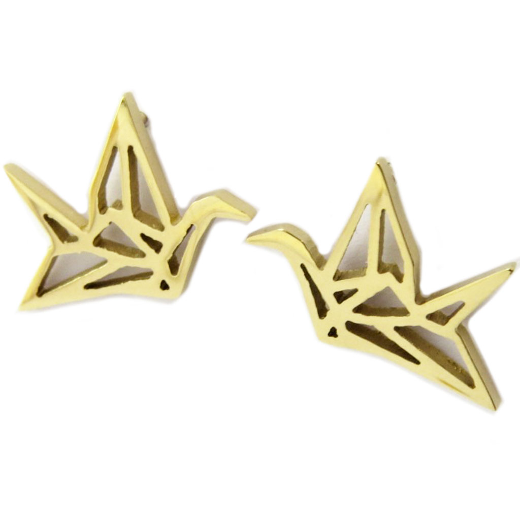Boucles artisanales acier \'Origami\' (oiseau) doré - 15x15 mm - [P3878]