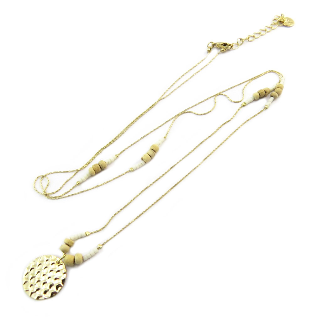 Collier sautoir artisanal \'Boho\' beige doré - 76 cm - [P3899]