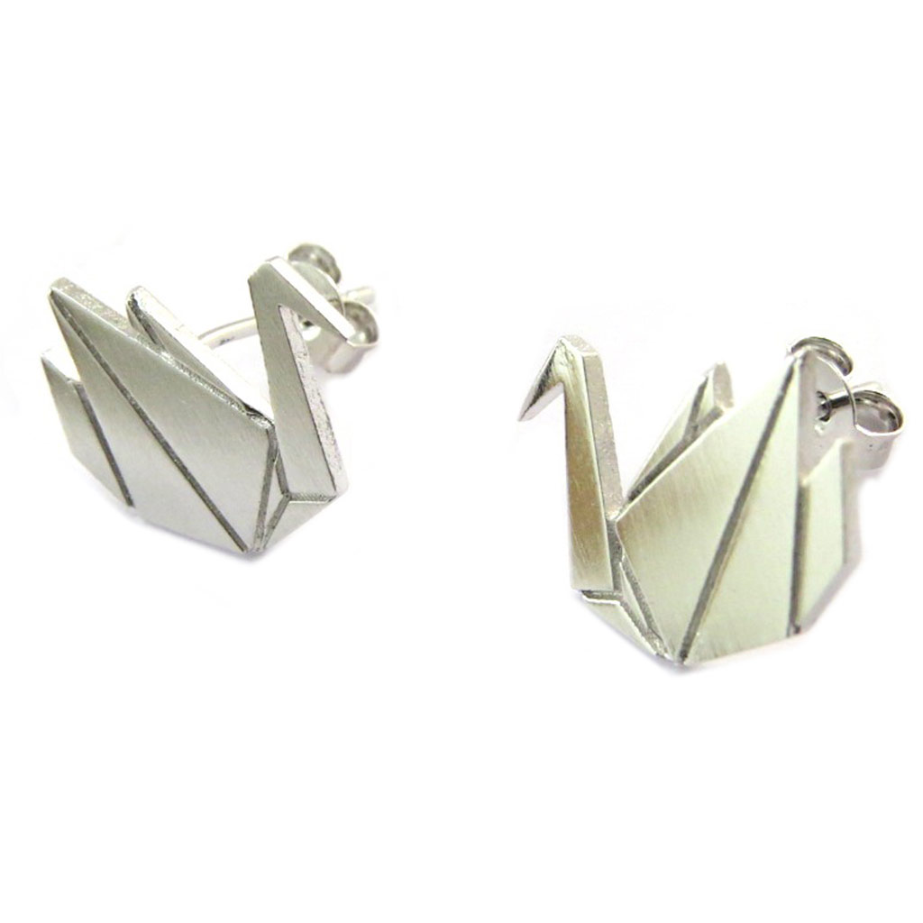 Boucles artisanales \'Origami\' (cygne) argenté - 15x13 mm - [P3912]