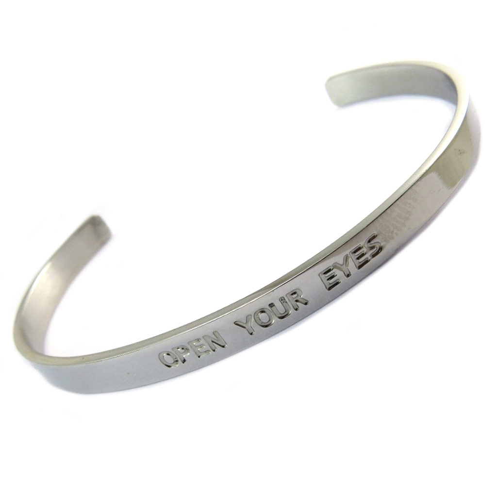 Bracelet artisanal acier \'Messages\' (Open your eyes) argenté - 5 mm - [P3917]