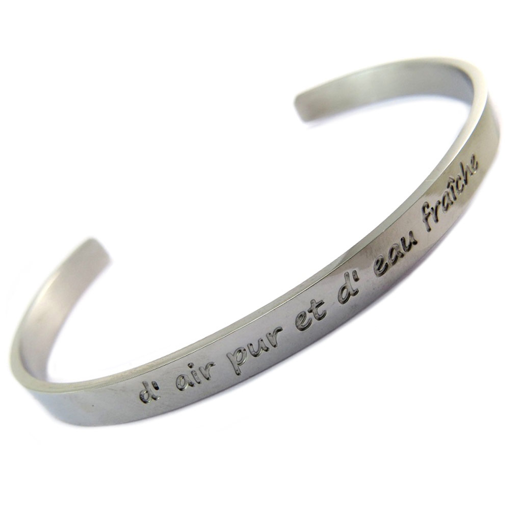 Bracelet artisanal acier \'Messages\' (d\'air pur et d\'eau fraiche) argenté - 5 mm - [P3925]