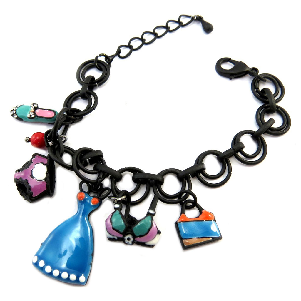 Bracelet créateur \'Lilipoupettes\' (garde-robe) noir bleu multicolore  - [P3952]