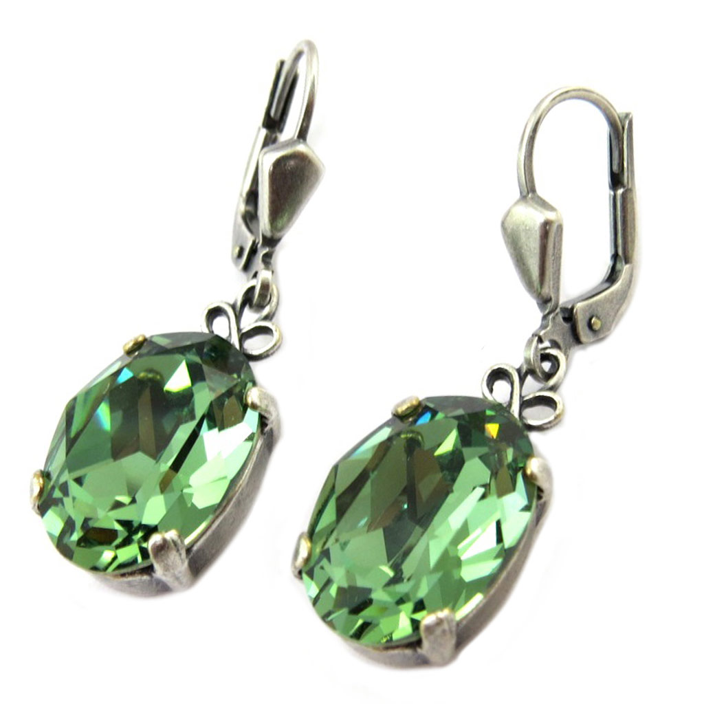 Dormeuses artisanales \'Tsarine\' vert erinite argenté - 14x10 mm - [P3977]