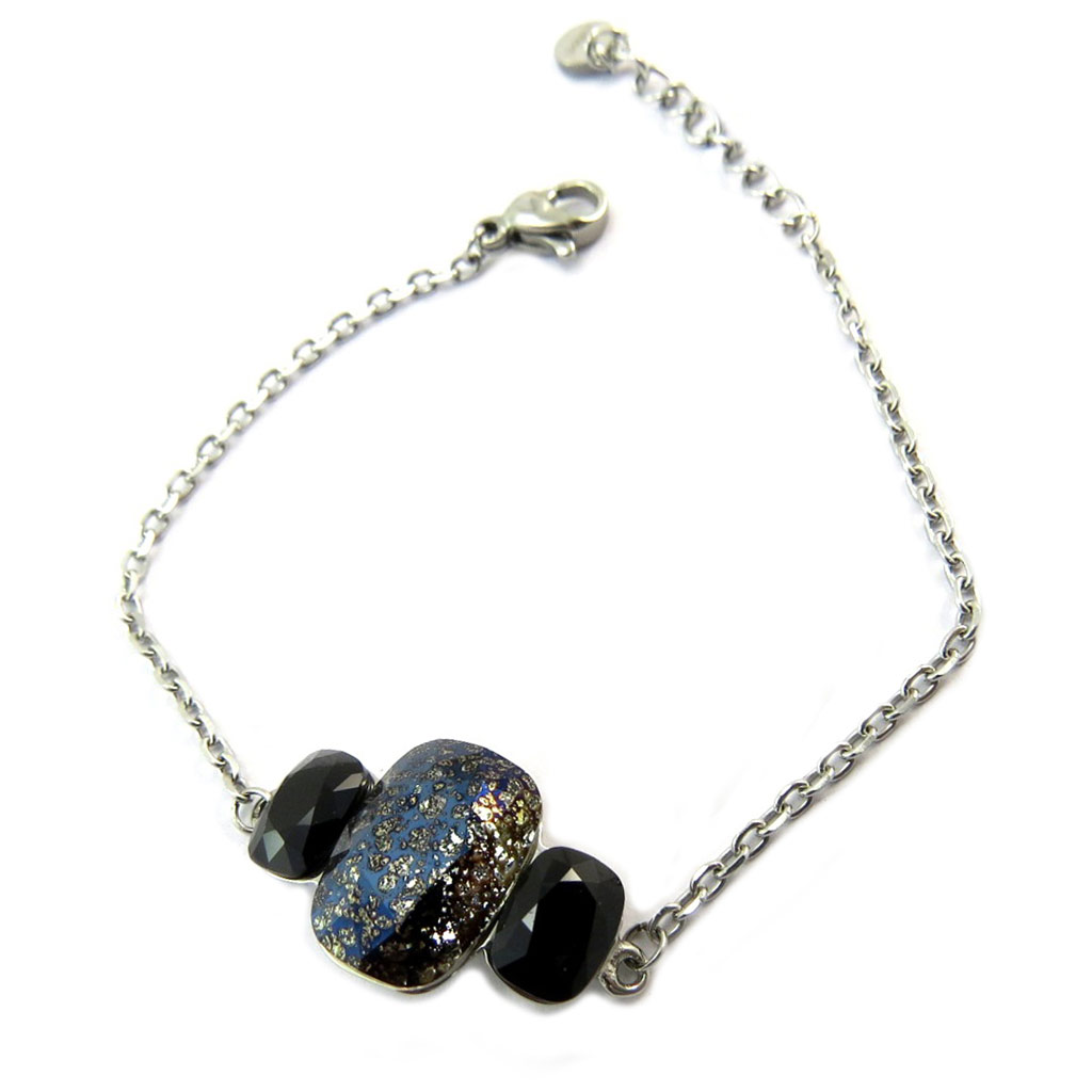 Bracelet artisanal acier \'Bohème\' noir argenté - 23x14 mm - [P4135]