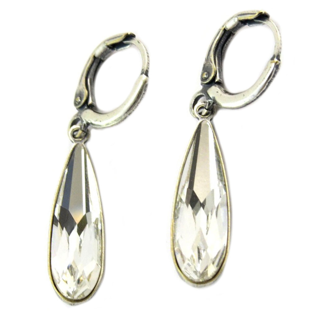 Dormeuses artisanales \'Tsarine\' blanc cristal argenté - 20x6 mm - [P4448]