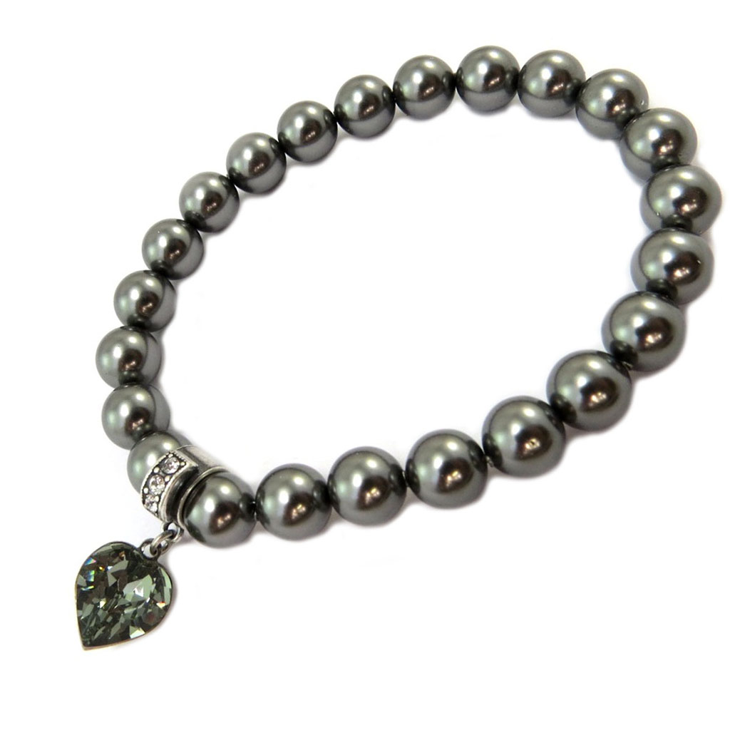 Bracelet artisanal \'Tsarine\' gris foncé argenté - perles 8 mm coeur 10 mm - [P4531]