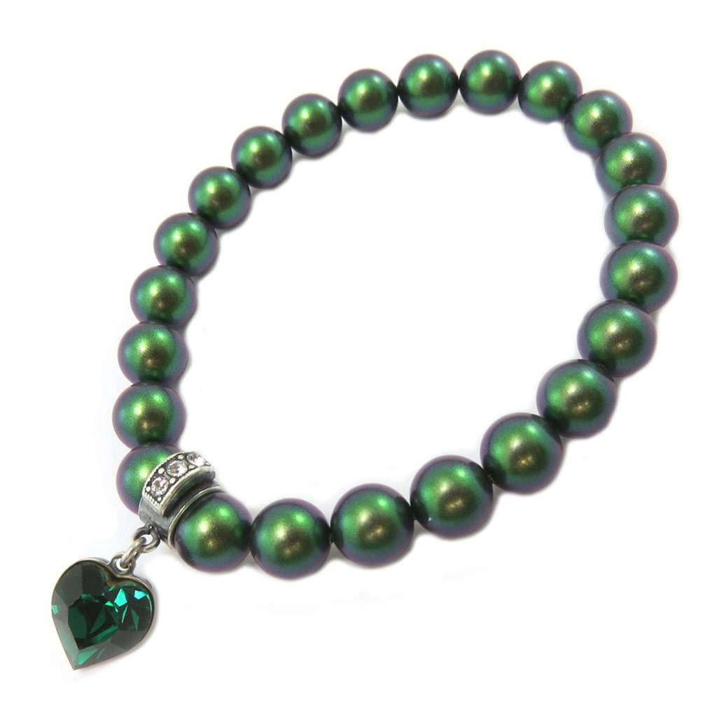 Bracelet artisanal \'Tsarine\' vert scarabée argenté - perles 8 mm coeur 10 mm - [P4533]