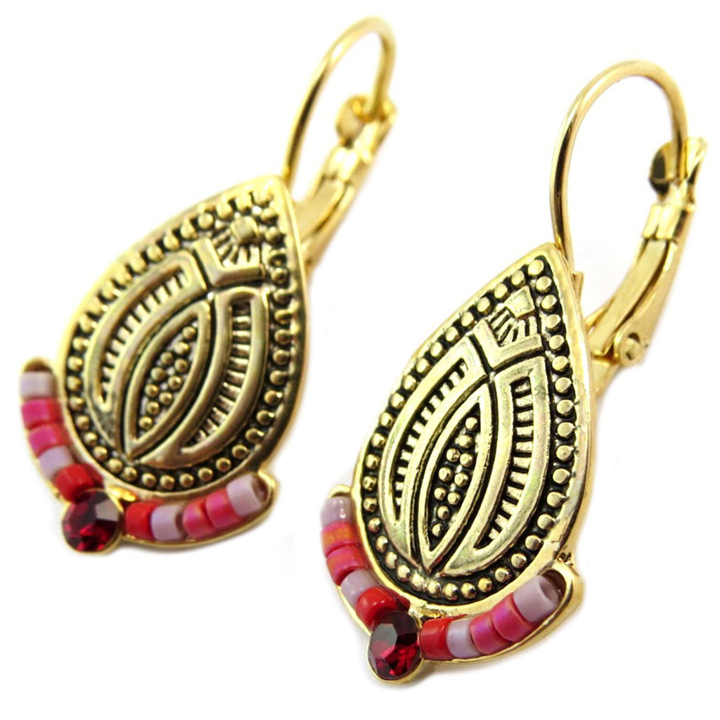Dormeuses acier \'Navajos\' doré rouge - 20x15 mm - [P4566]