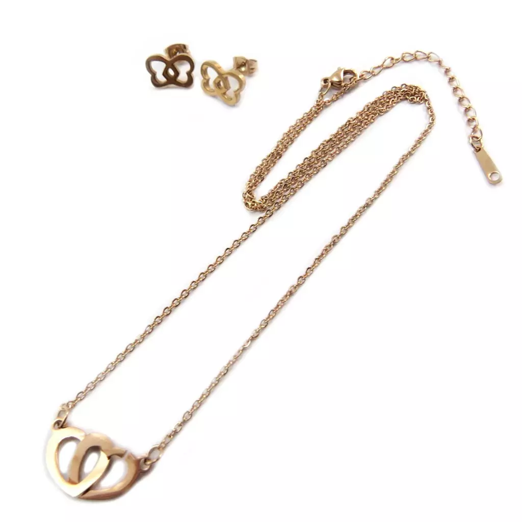les trésors de lily Parure collier + boucles acier 'Love' doré rosé (gold pink) [P4898]