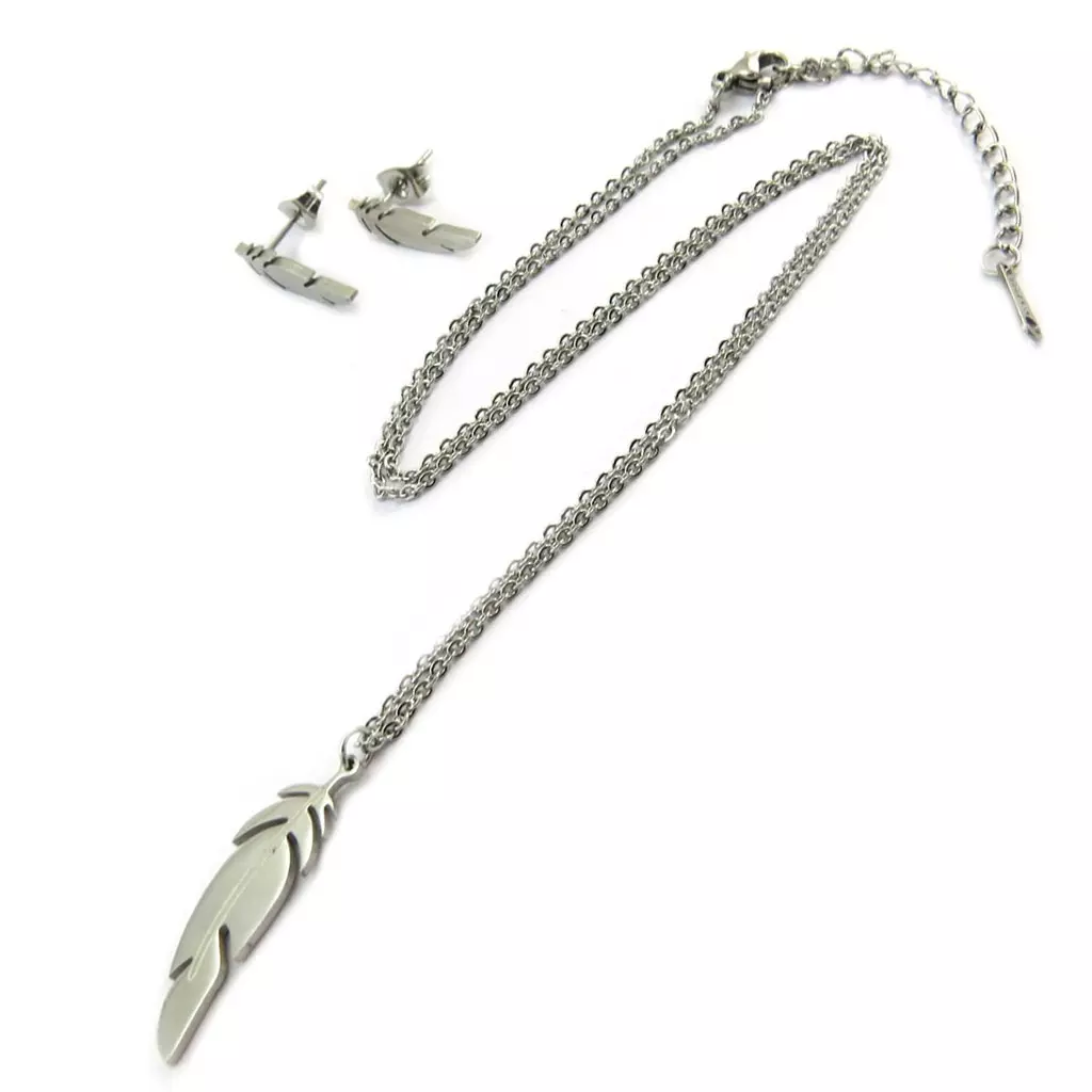 les trésors de lily Parure collier + boucles acier 'Navajos' argenté (plumes) [P5058]