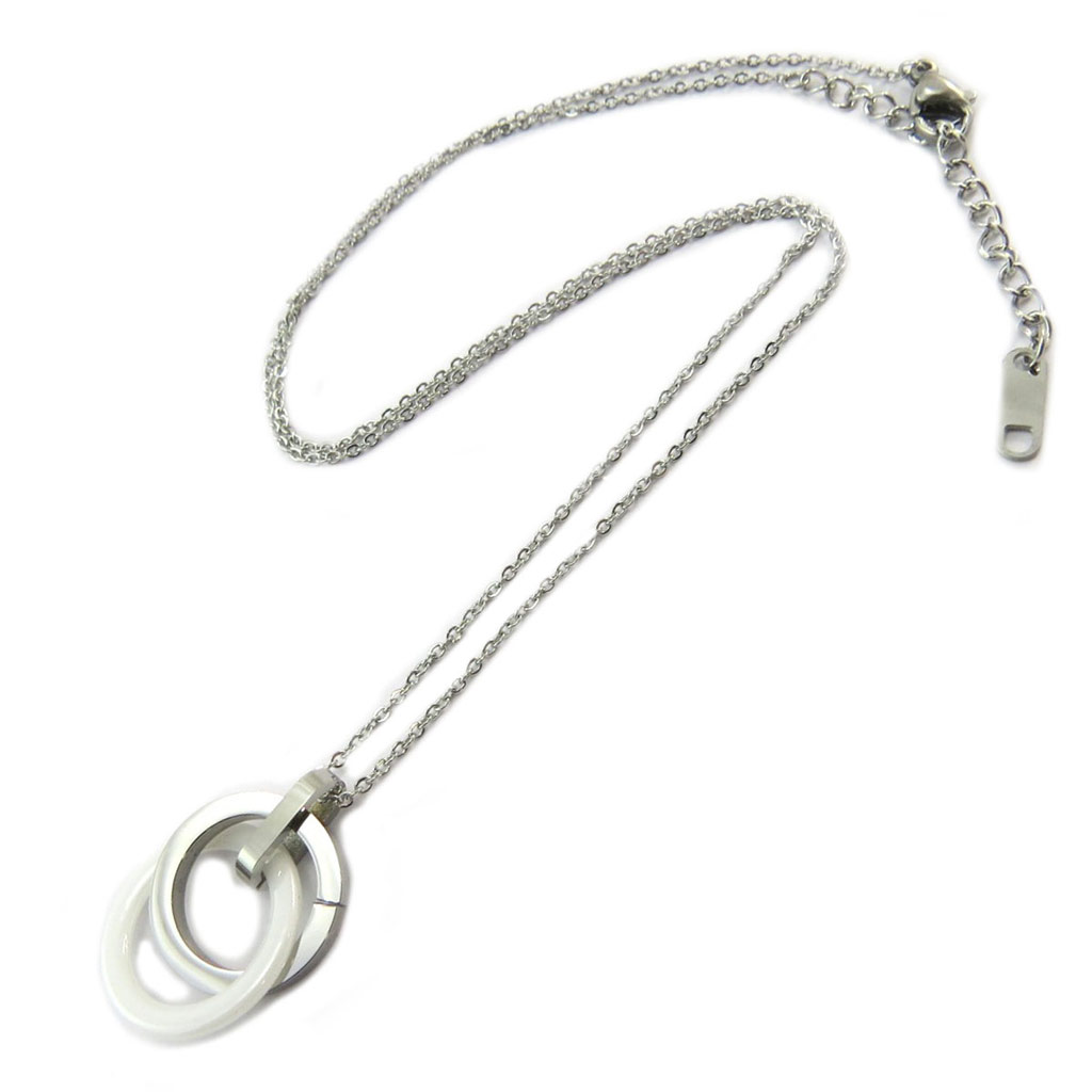 Collier acier \'Chorégraphie\' blanc argenté (céramique) - 25x18 mm - [P5059]