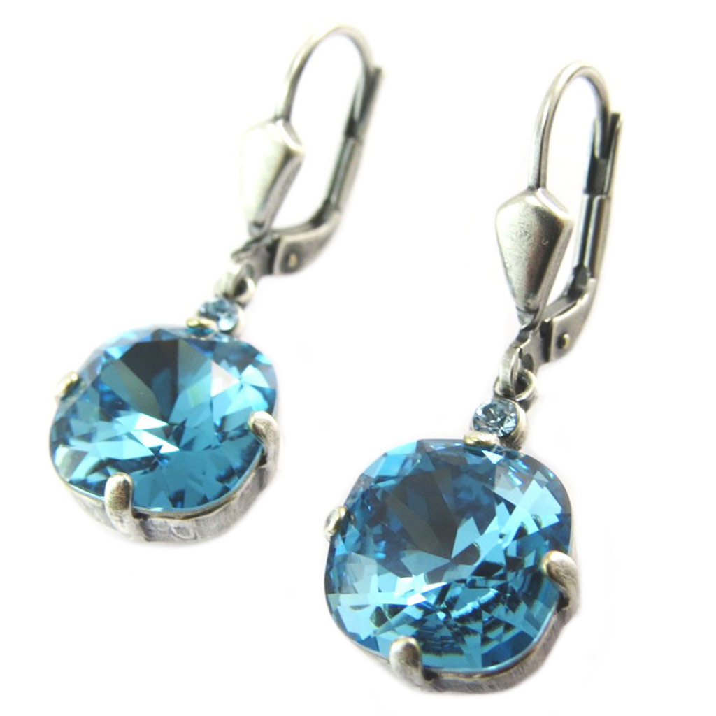 Dormeuses artisanales \'Tsarine\' turquoise indicolite argenté - 10x10 mm - [P5109]