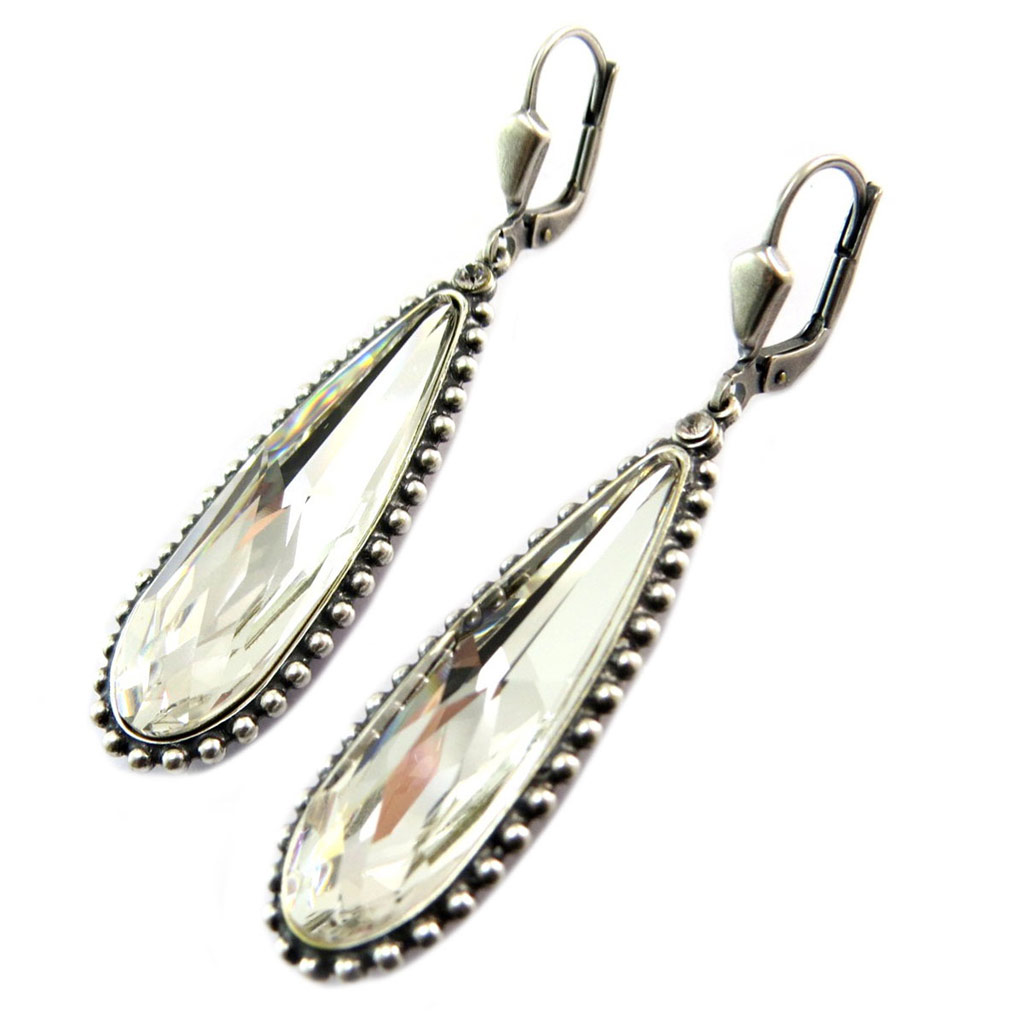 Dormeuses artisanales \'Tsarine\' blanc cristal argenté - 35x12 mm - [P5124]