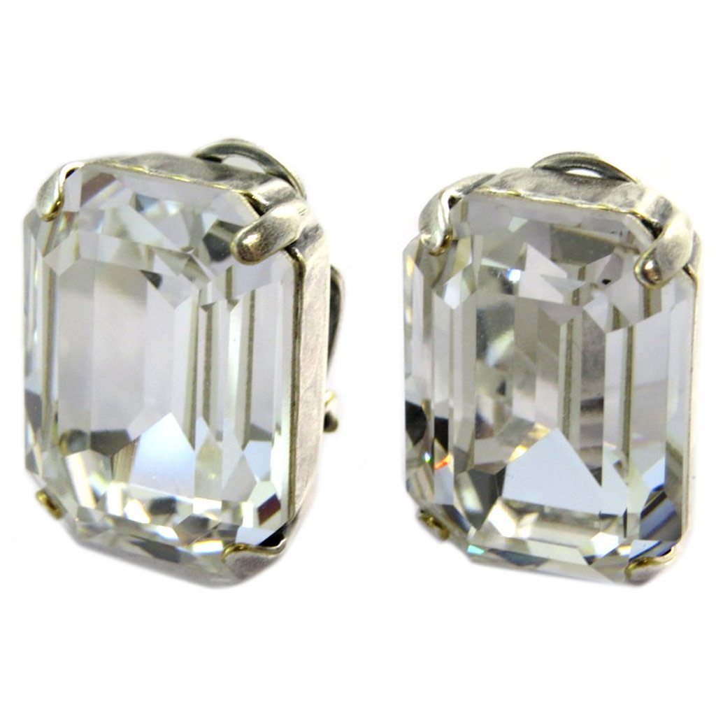 Clips d\'oreilles artisanales \'Tsarine\' blanc cristal argenté - 18x13 mm - [P5147]