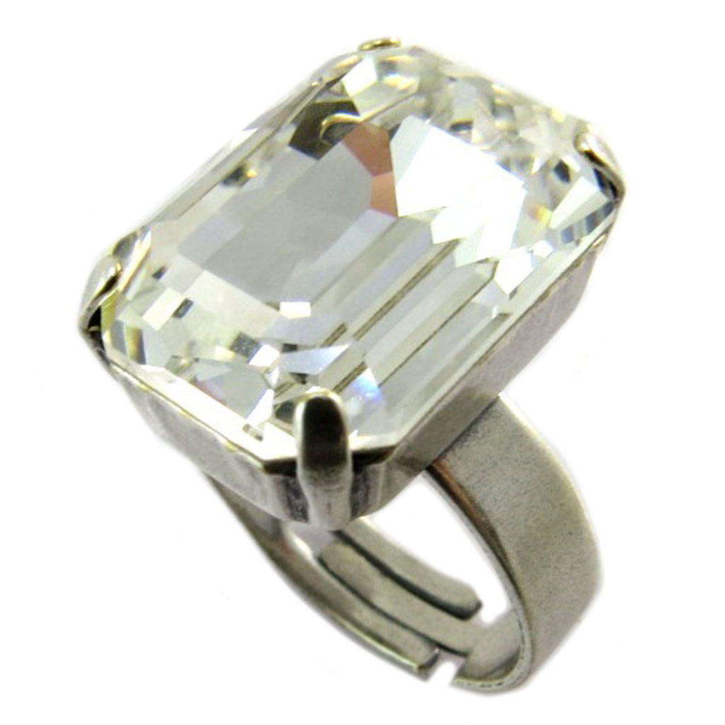 Bague artisanale \'Tsarine\' blanc cristal argenté - 18x13 mm - [P5158]
