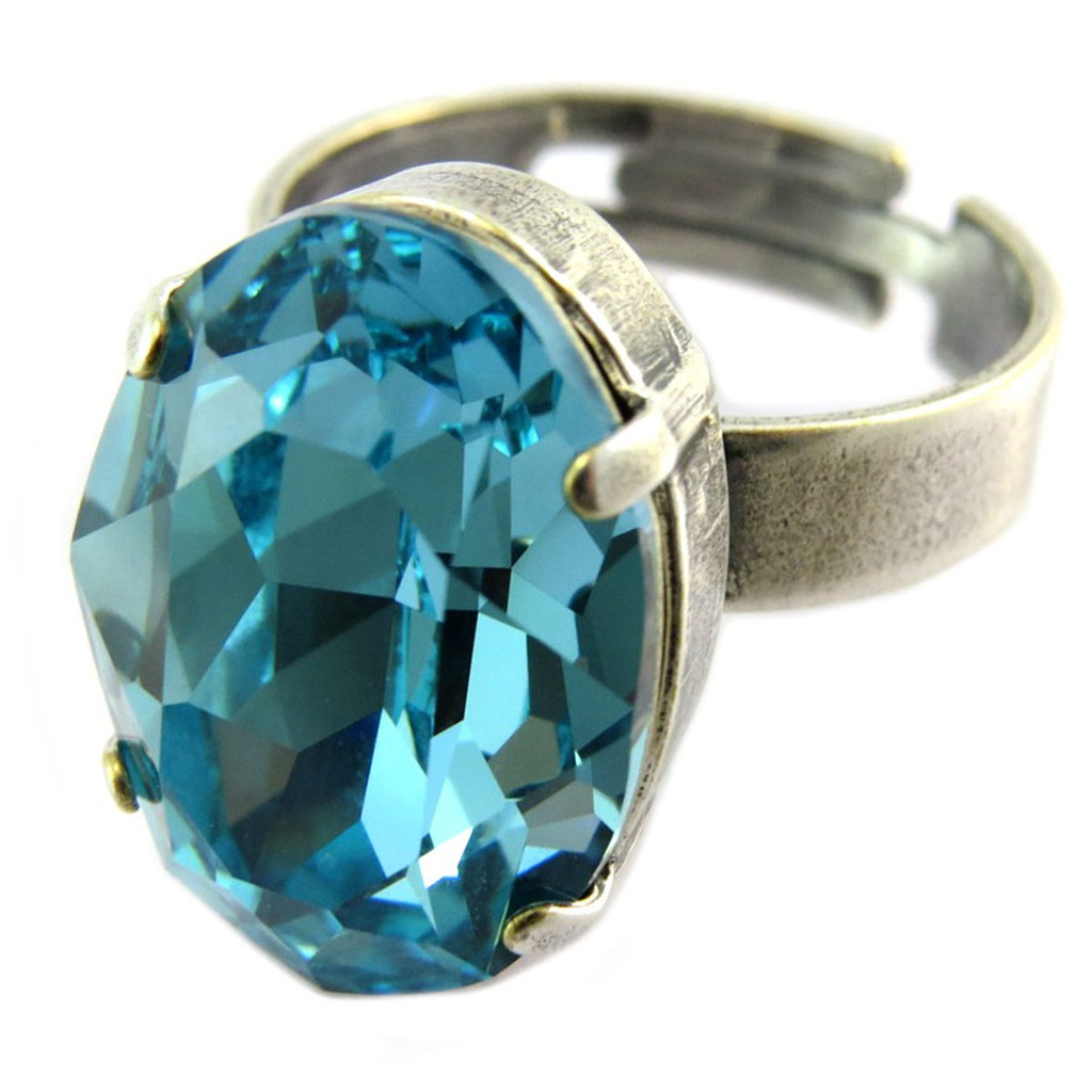 Bague artisanale \'Tsarine\' turquoise clair argenté - 18x13 mm - [P5178]