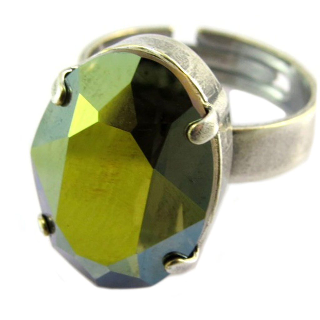 Bague artisanale \'Tsarine\' vert iridescent argenté - 18x13 mm - [P5181]