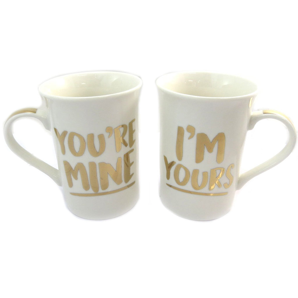 Duo de mugs porcelaine \'You\'re Mine & I\'m Yours\' ivoire doré (2 mugs) - [P5214]