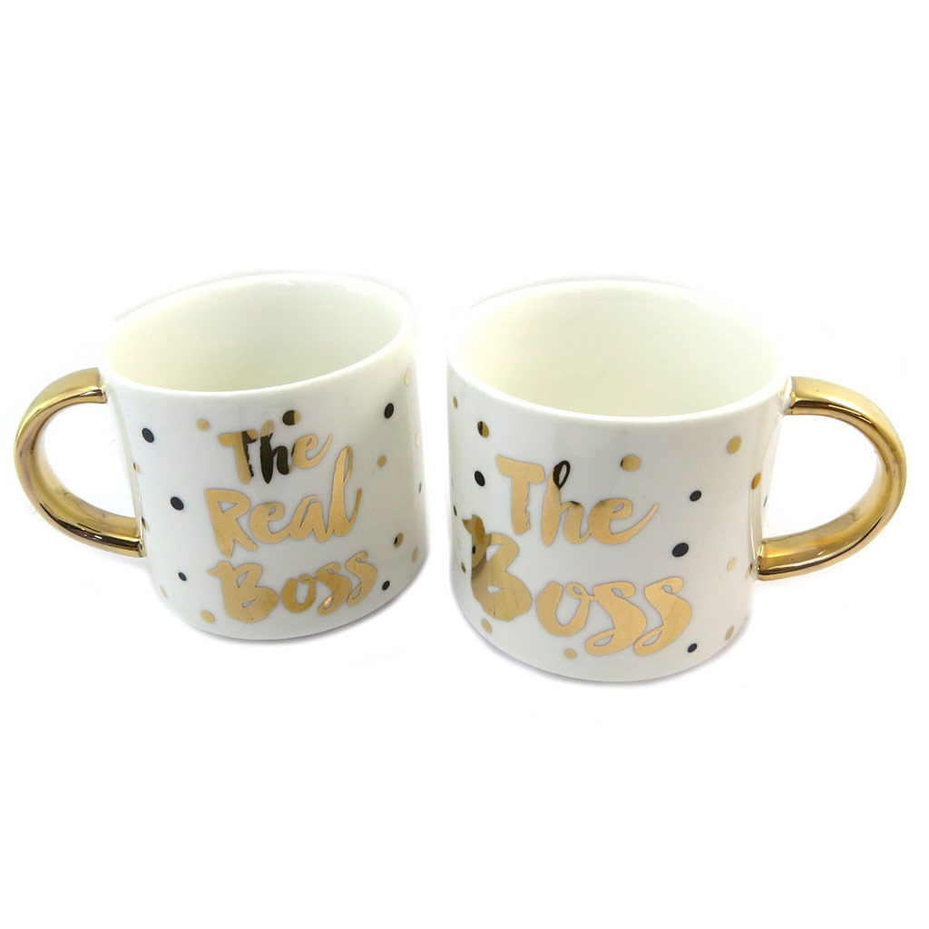 Duo de mugs porcelaine \'The Boss and the Real Boss\' ivoire doré (2 mugs) - [P5216]
