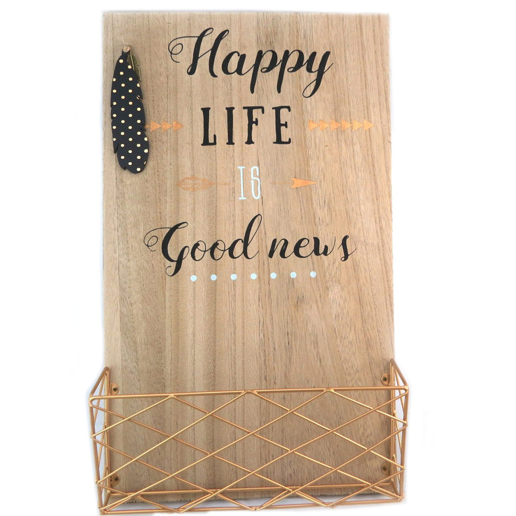 Porte courrier bois \'Messages\' (Happy life is good news) - 47x28 cm - [P5261]