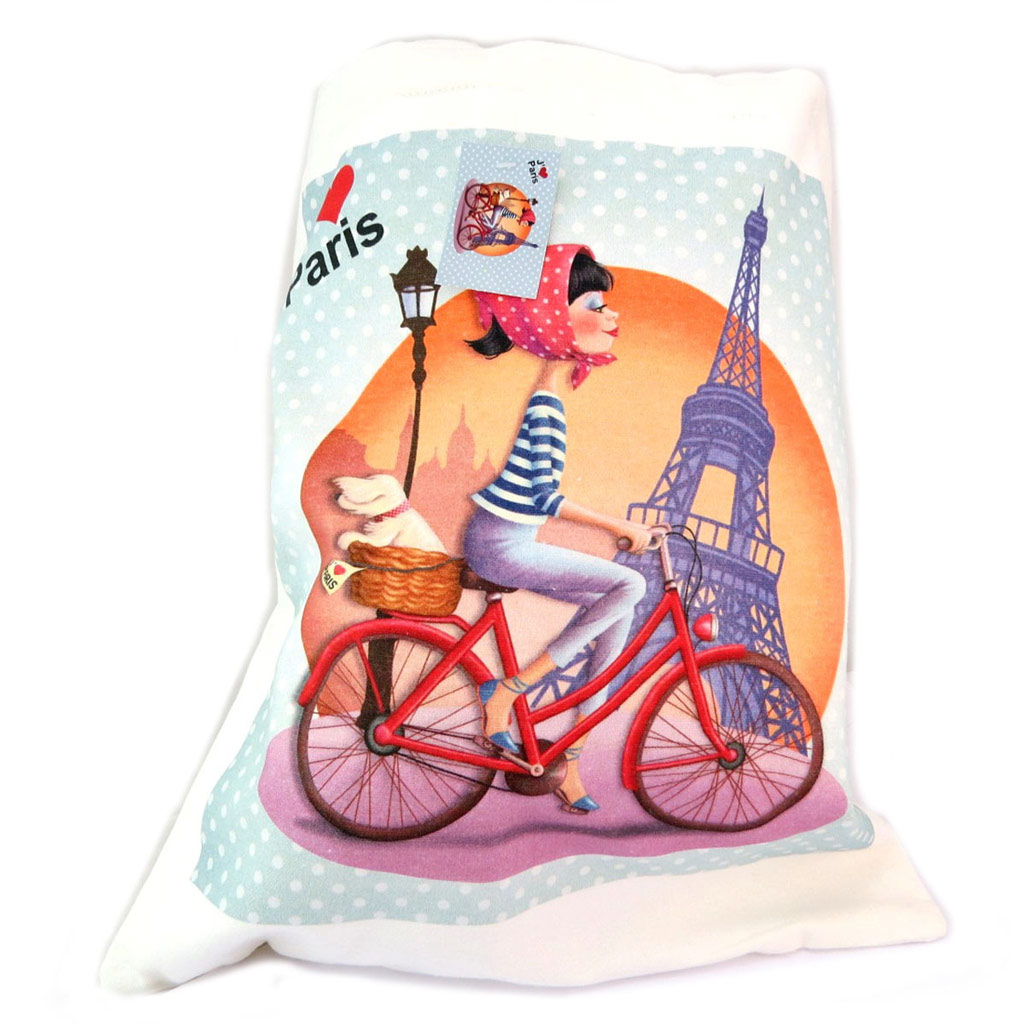 Sac coton \'I Love Paris\' beige turquoise (bicyclette) - 44x39 cm - [P5309]