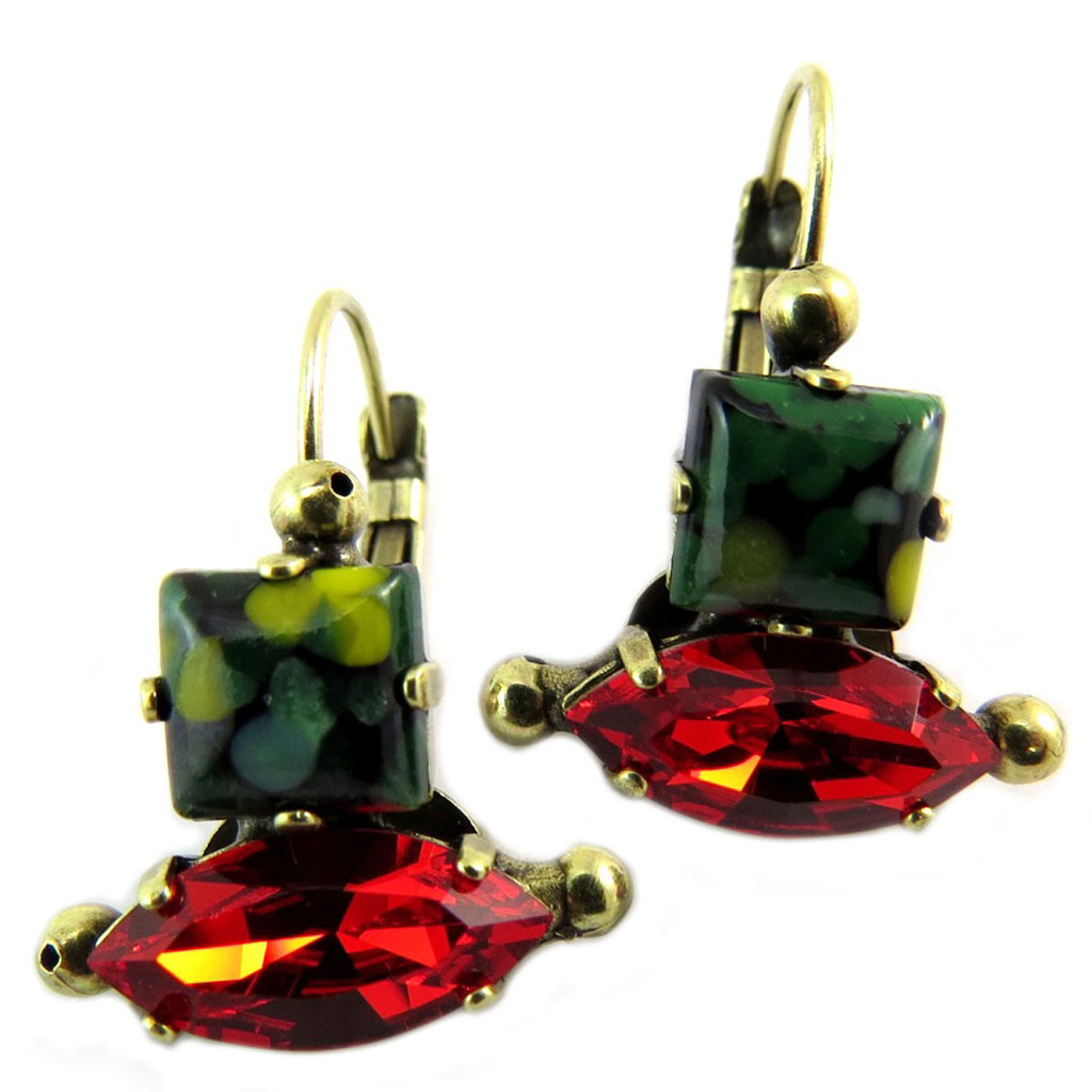 Dormeuses artisanales \'Mythique Syracuse\' rouge vert doré  - 20x10 mm - [P5562]