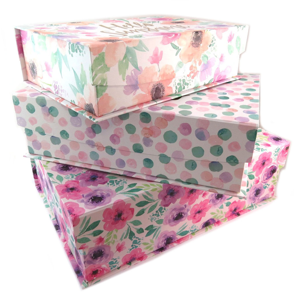 Set de 3 boîtes à Souvenirs gigognes \'Bonheur Floral\' rose mauve - 425x295x13 cm - [P5723]