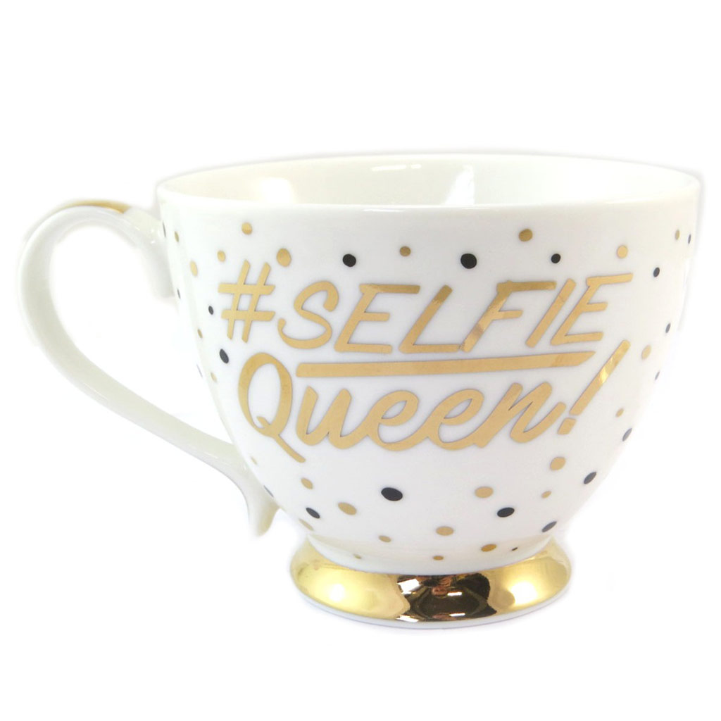 Mug tasse porcelaine \'Selfie Queen !\' ivoire doré - 10x93 cm - [P5736]