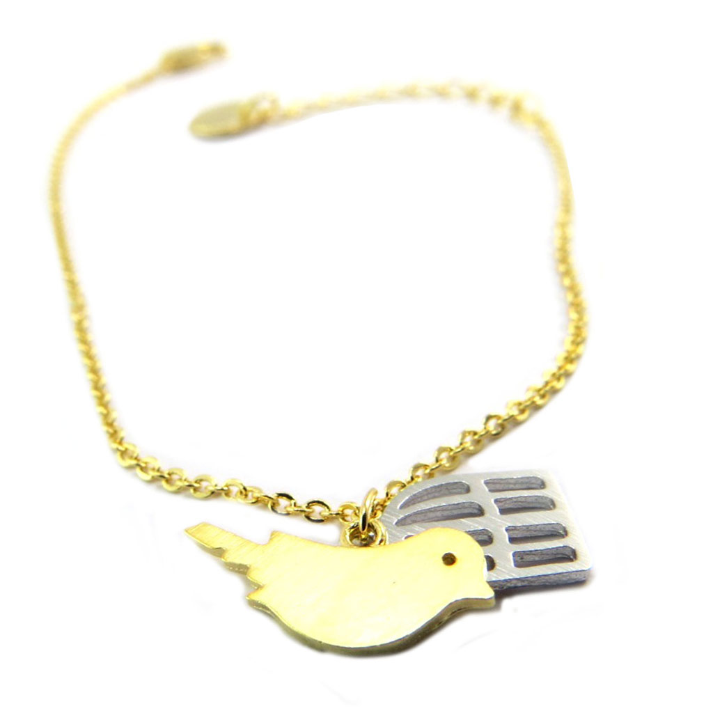 Bracelet artisanal \'Oiseau & Cage\' doré argenté - 15x10 mm - [P5859]