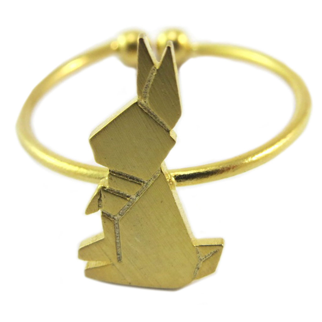 Bague artisanale \'Origami\' (lapin) doré - 15x8 mm - [P5883]