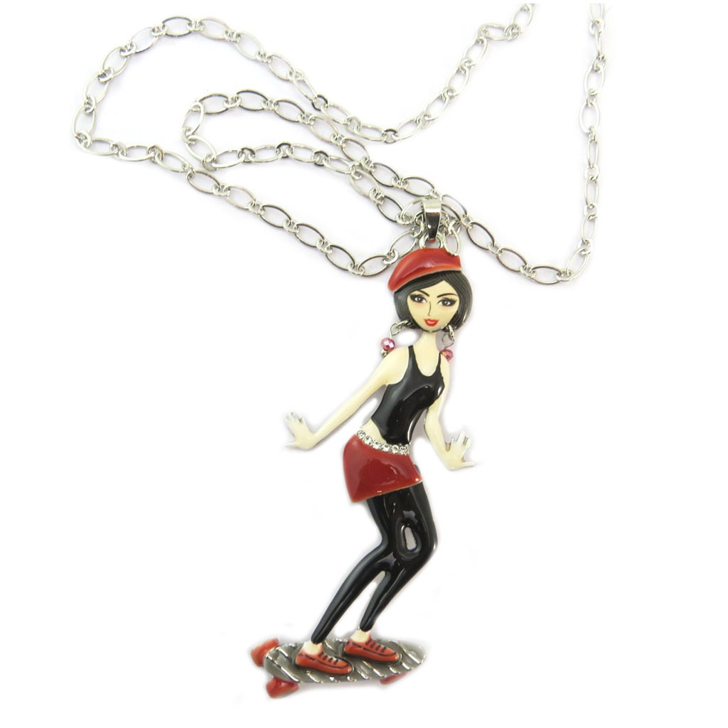 Collier sautoir créateur \'Lilipoupettes\' (balade en skate) marron noir - 90x35 mm - [P5980]