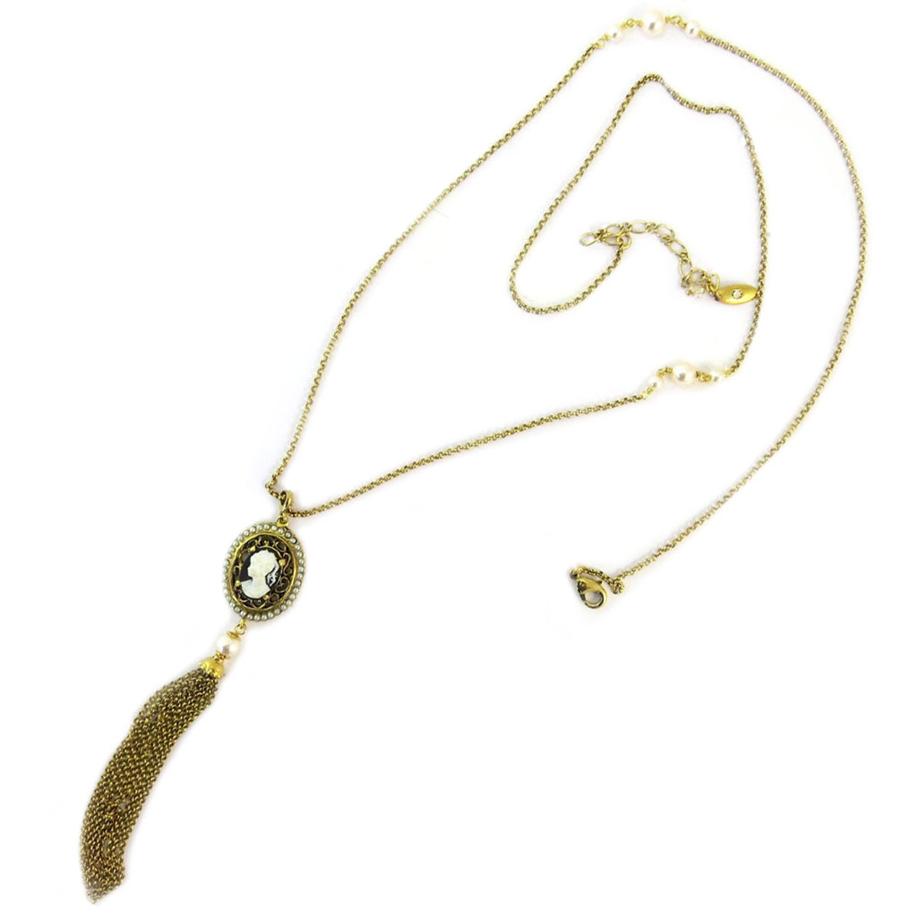 Sautoir / collier artisanal \'Divine Camée\' noir doré  - [P6013]