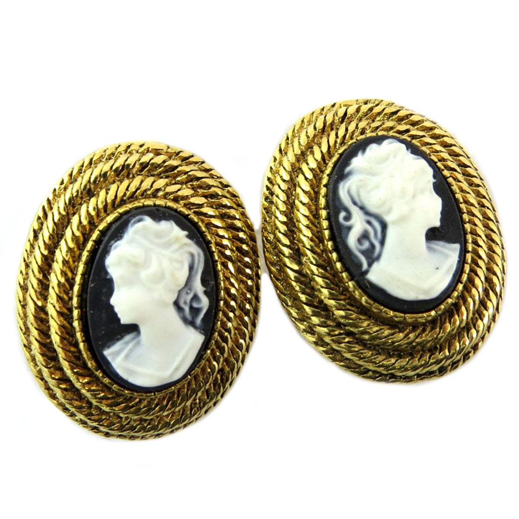 Clips d\'oreilles artisanales \'Divine Camee\' noir ivoire doré -  25x20 mm - [P6031]