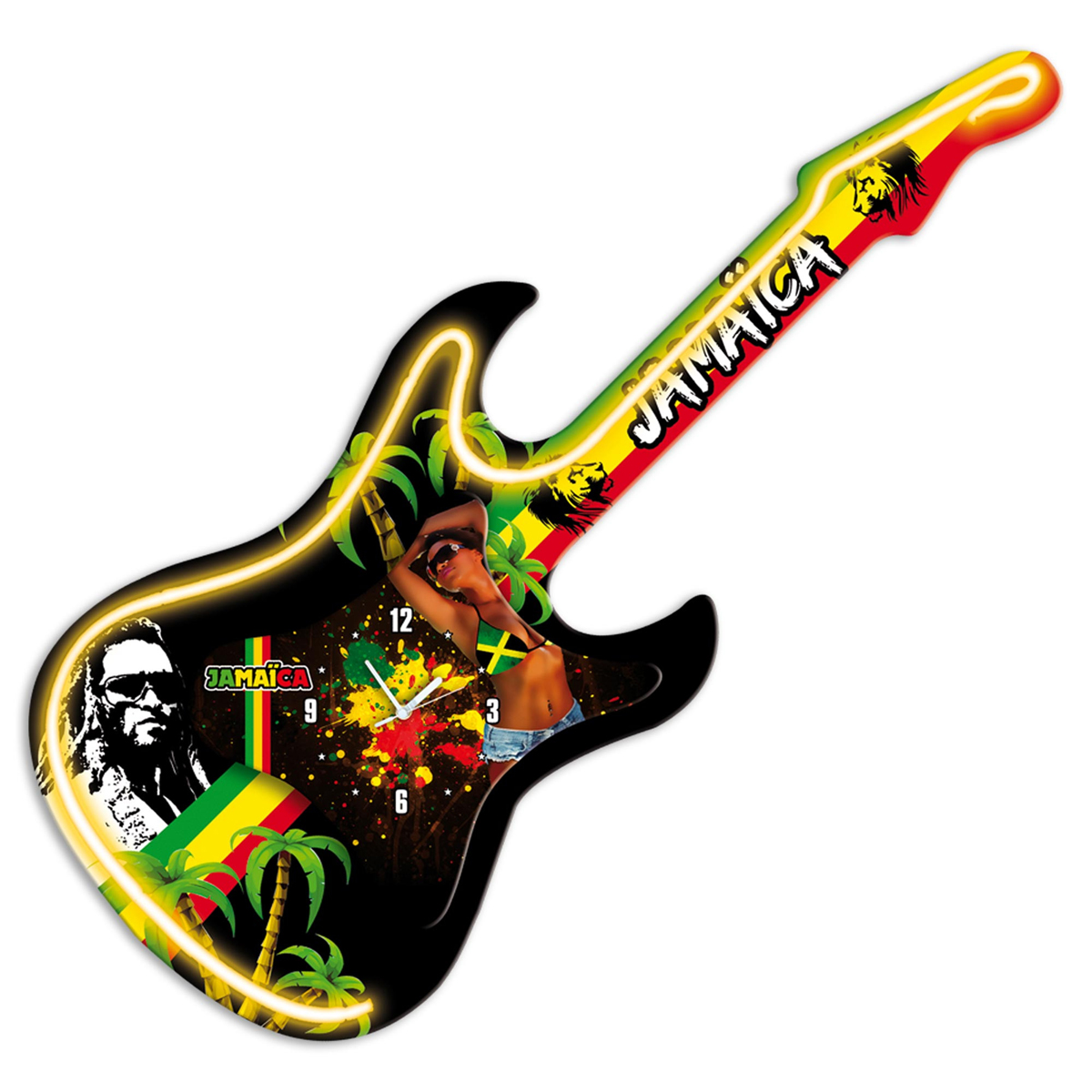Horloge murale guitare néon \'Jamaica\' vert jaune rouge - 735x30 cm - [P6489]