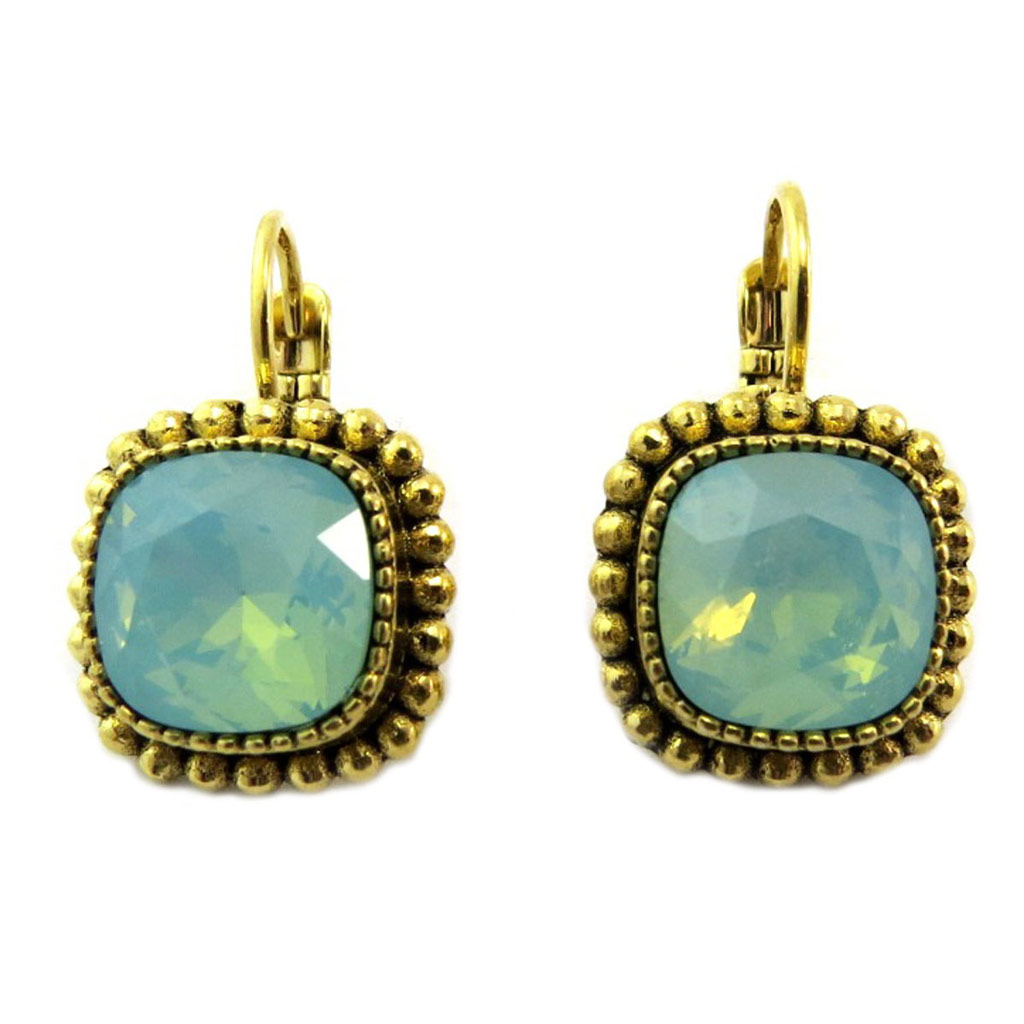 Dormeuses artisanales \'Constantinople\' turquoise pacific opalescent doré - 14x14 mm - [P6558]