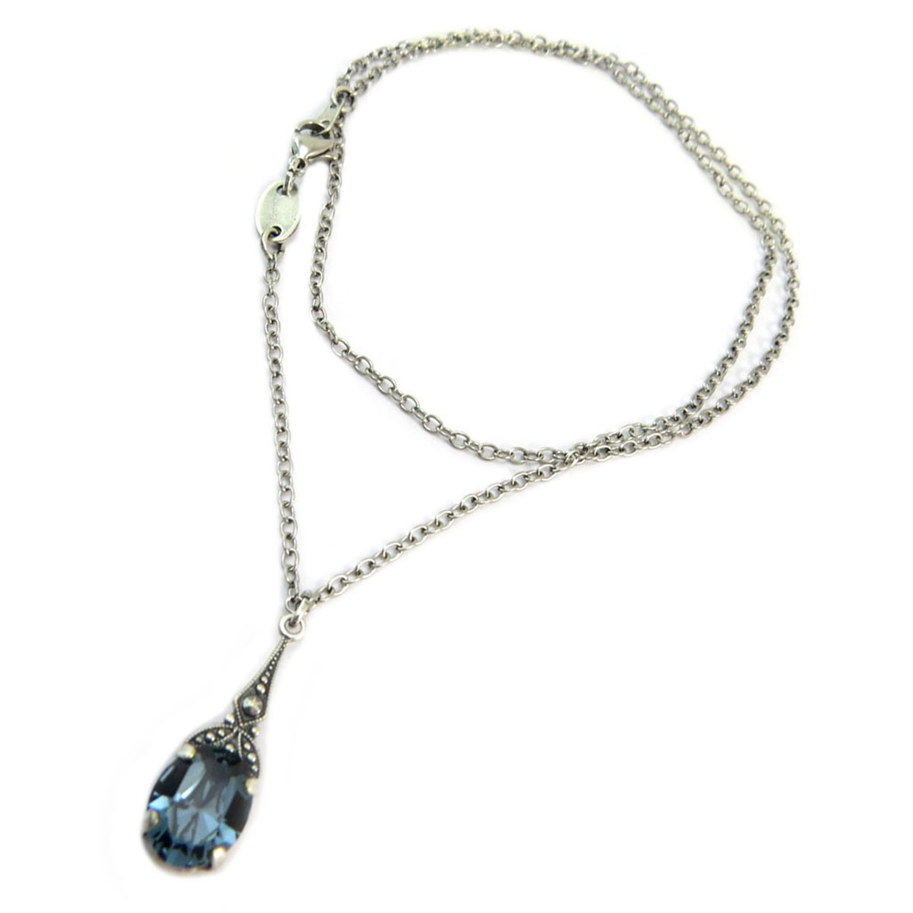 Collier artisanal \'Tsarine\' bleu denim argenté - 23x7 mm - [P6660]