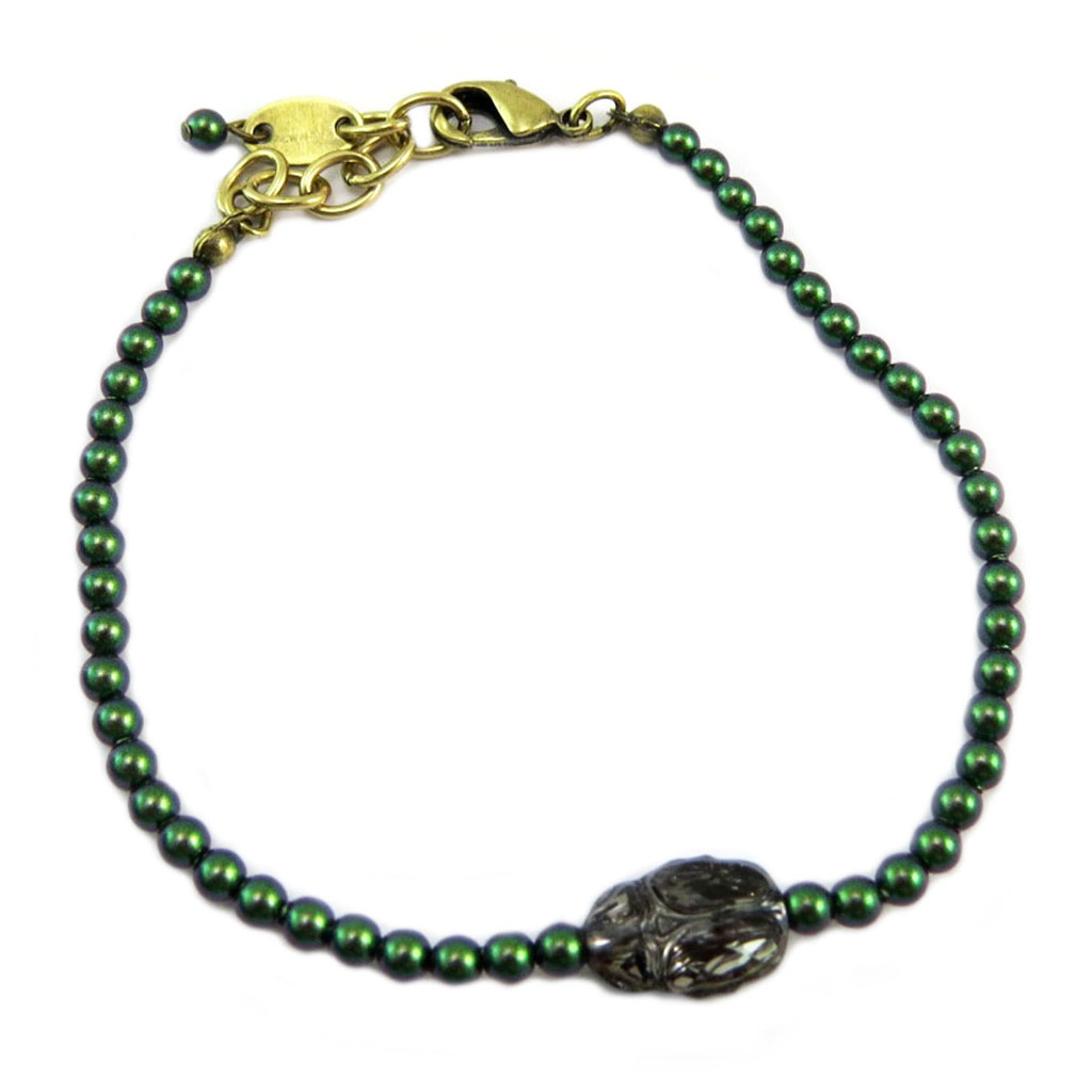 Bracelet artisanal \'Tsarine\' vert gris (scarabée) - 3 mm, 11x8 mm - [P6677]