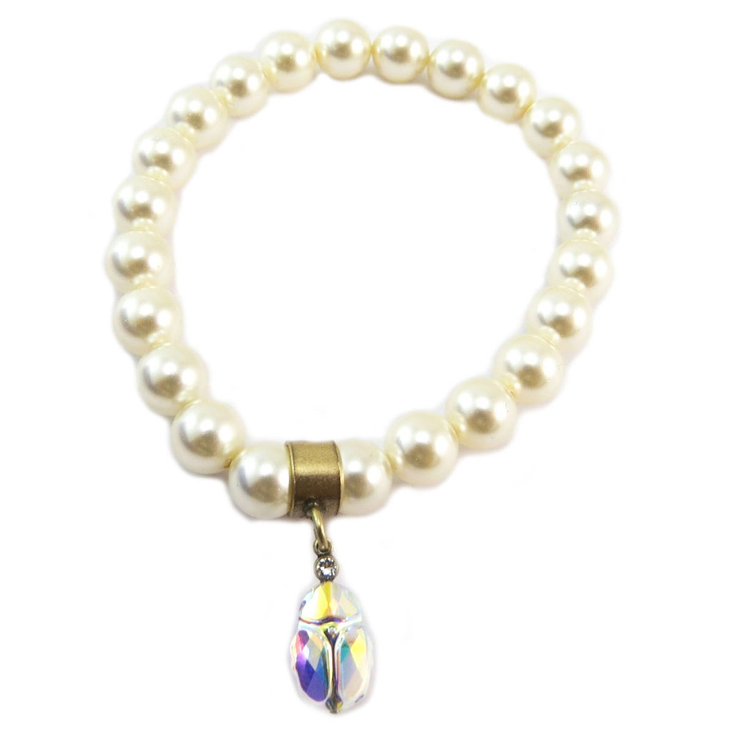 Bracelet artisanal \'Tsarine\' ivoire doré (scarabée) - perles 8 mm scarabée 12x8 mm - [P6681]