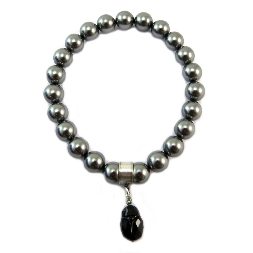 Bracelet artisanal \'Tsarine\' gris noir argenté (scarabée) - perles 8 mm scarabée 12x8 mm - [P6682]