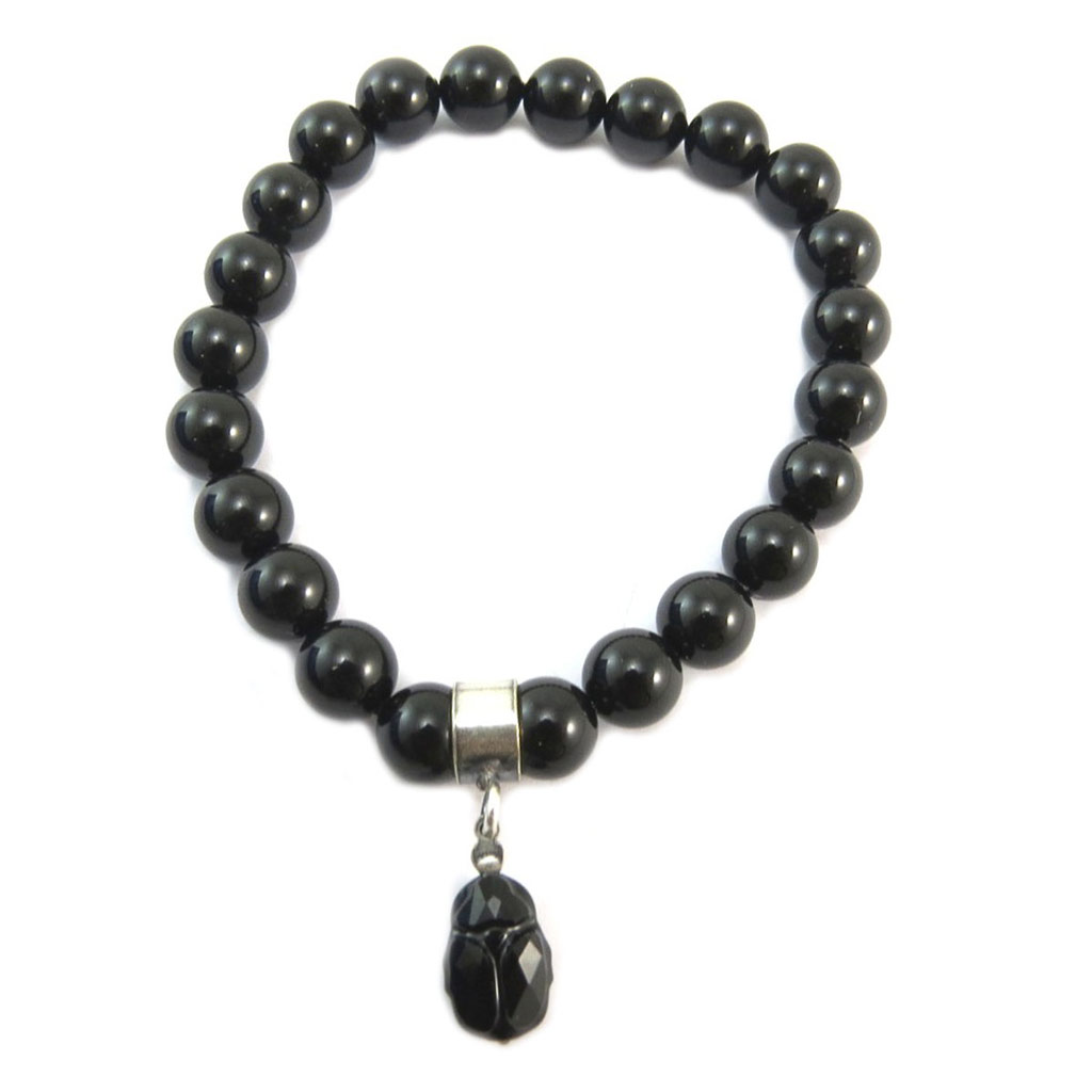 Bracelet artisanal \'Tsarine\' noir argenté (scarabée) - perles 8 mm scarabée 12x8 mm - [P6684]