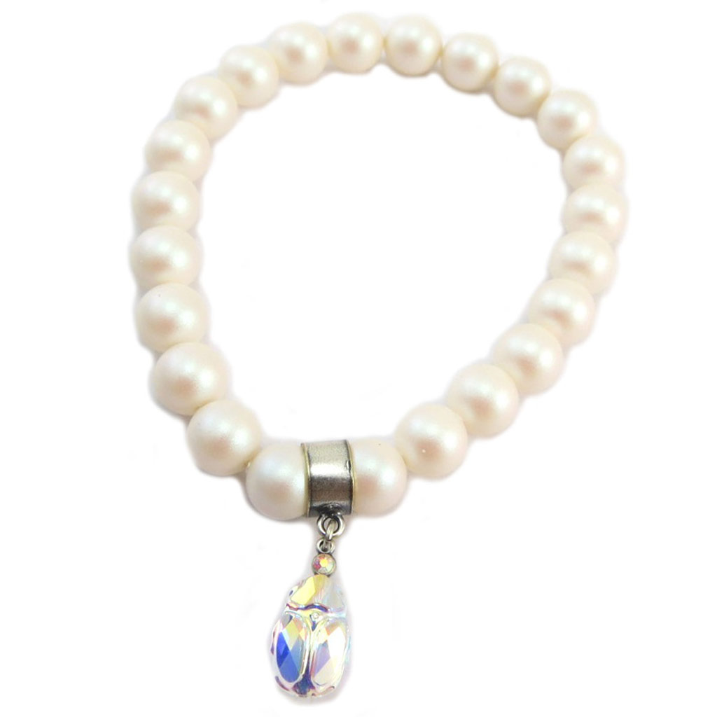 Bracelet artisanal \'Tsarine\' blanc poudré blanc boréal argenté (scarabée) - perles 8 mm scarabée 12x8 mm - [P6688]
