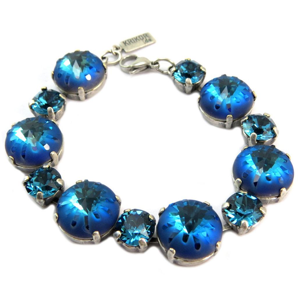 Bracelet artisanal \'Tsarine\' bleu bermudes argenté - 18 cm, 8 et 14 mm - [P6689]