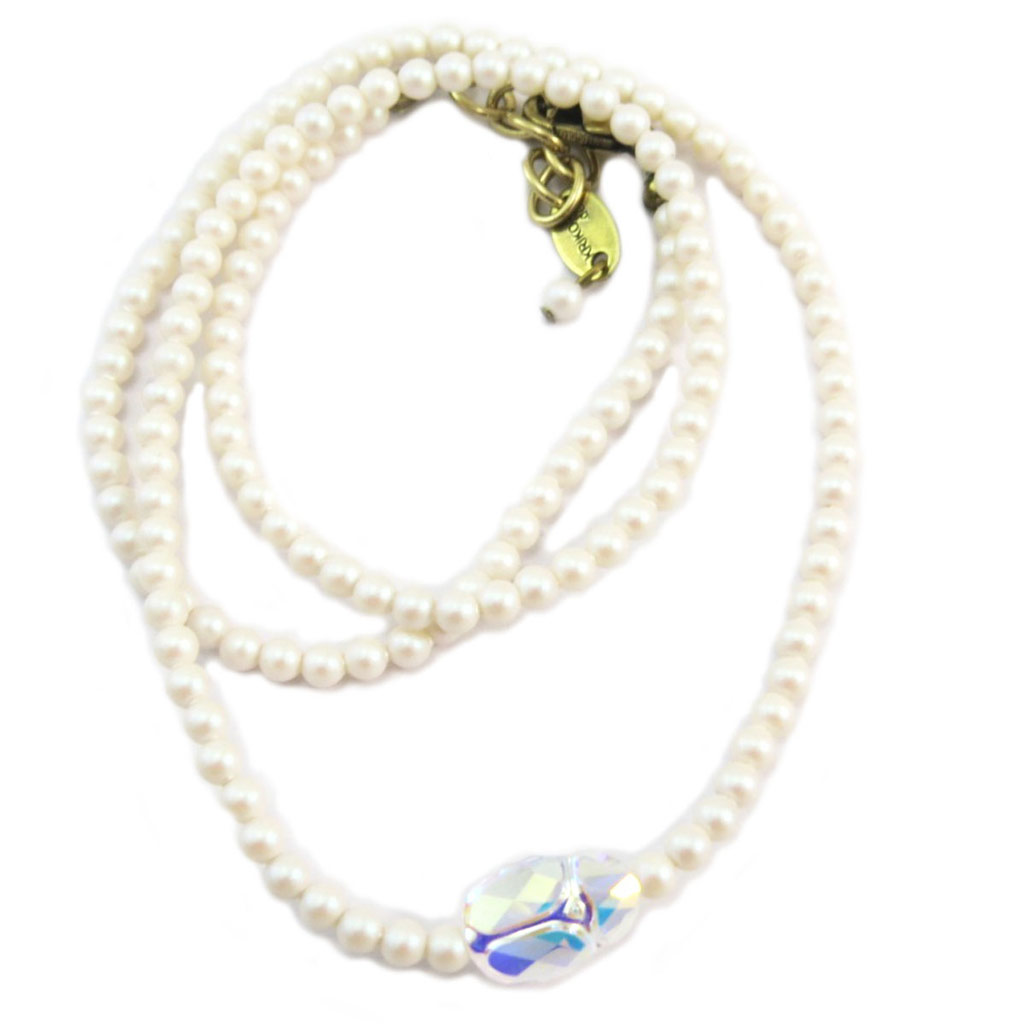 Collier artisanal \'Tsarine\' blanc poudré blanc boréal doré (scarabée) - 48 cm 3 mm, 12x8 mm - [P6698]